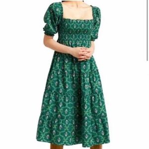Hill House Nesli Green Trellis smocked midi dress XS